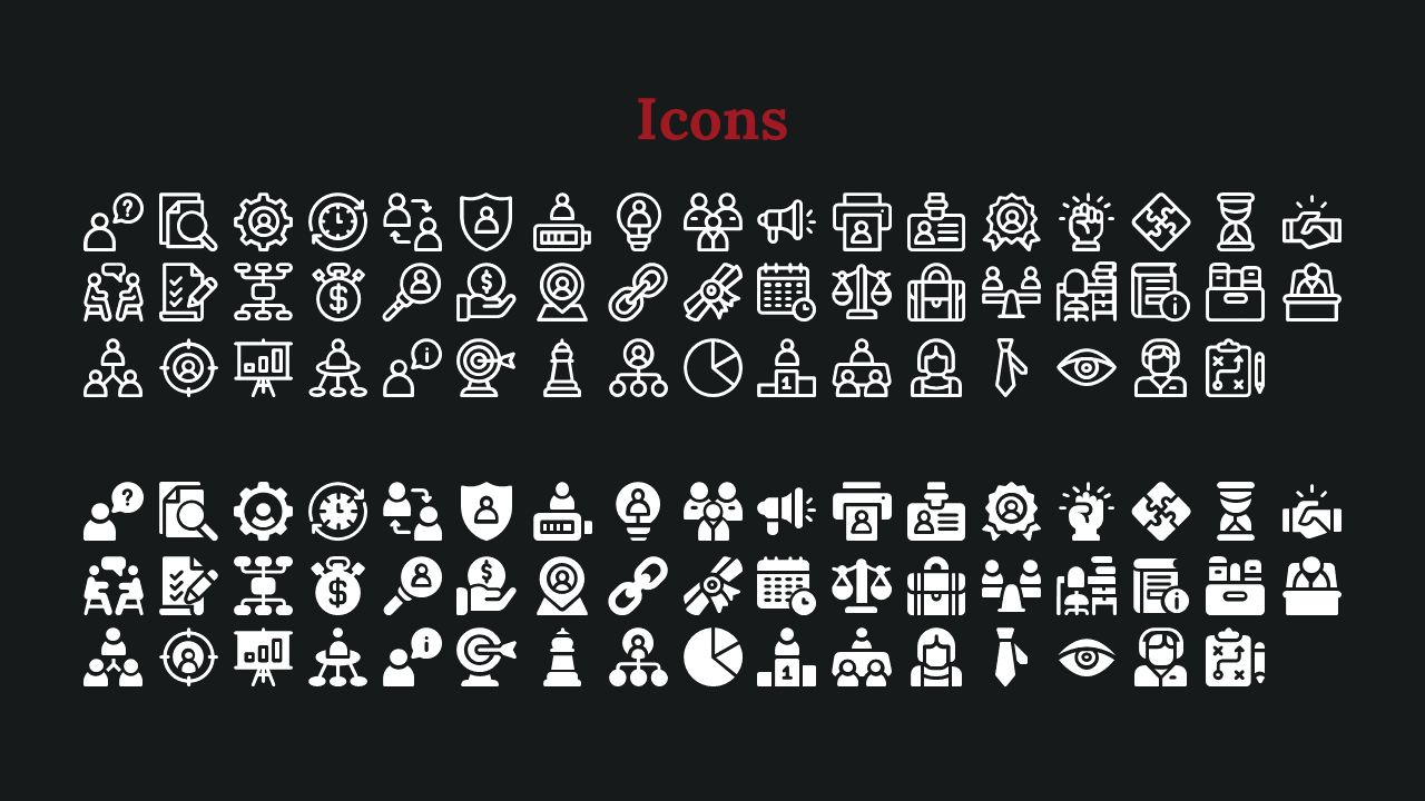 Slide shows two rows of white business icons, in outlined and filled styles, under bold red title on a dark background.