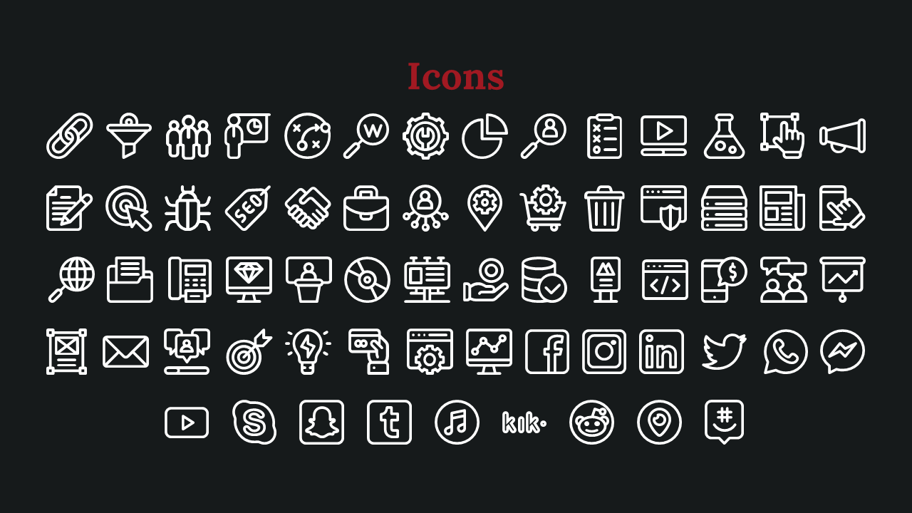 Slide displays white outlined icons of social media, tools, and people, under red title, on a dark background.