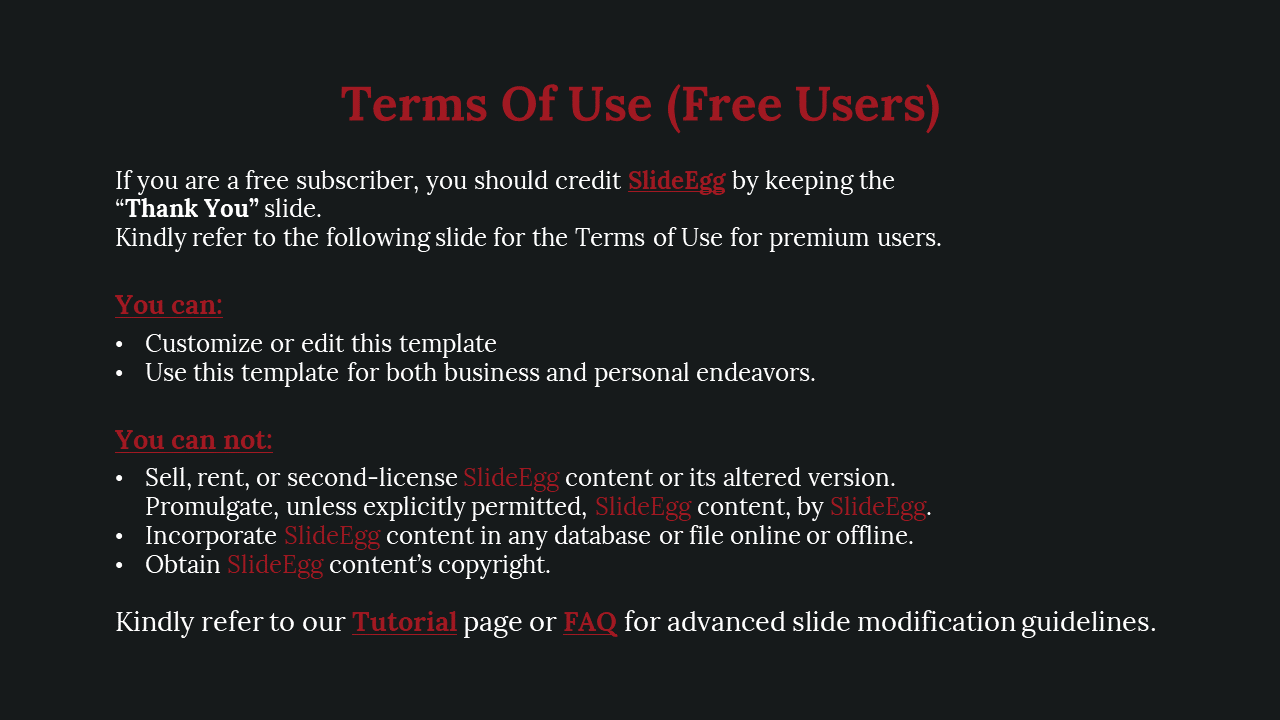 Slide displays a centered red heading with two bullet point sections stacked below, on a dark background.