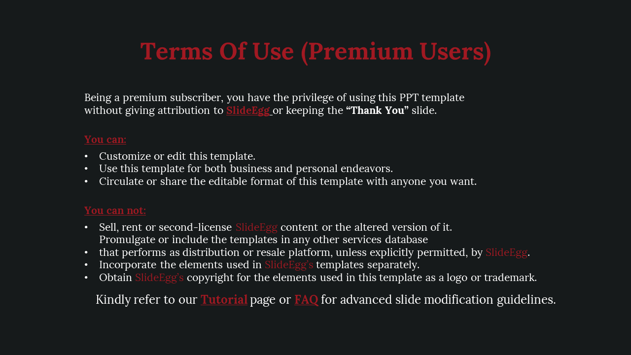Slide shows centered red heading text with bullet points on a dark background, divided into two sections.