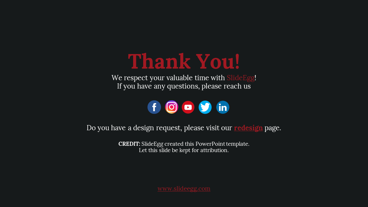 Slide featuring a dark background with red thank you text at the center and five colorful circular social icons underneath.