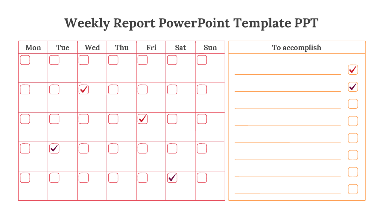 Red grid calendar with checkbox icons for each day on the left and an orange outlined checklist section on the right.