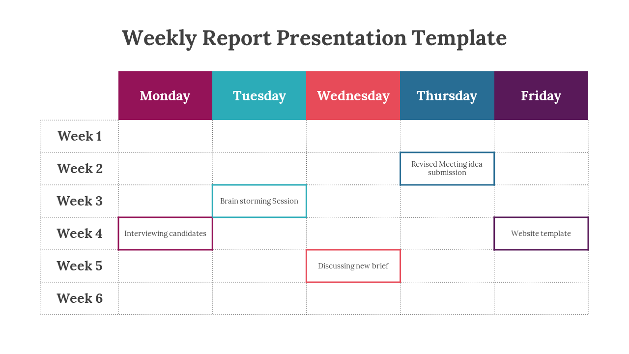 Colorful weekly schedule grid with maroon, teal, red, blue, and purple weekday headers and white task boxes.