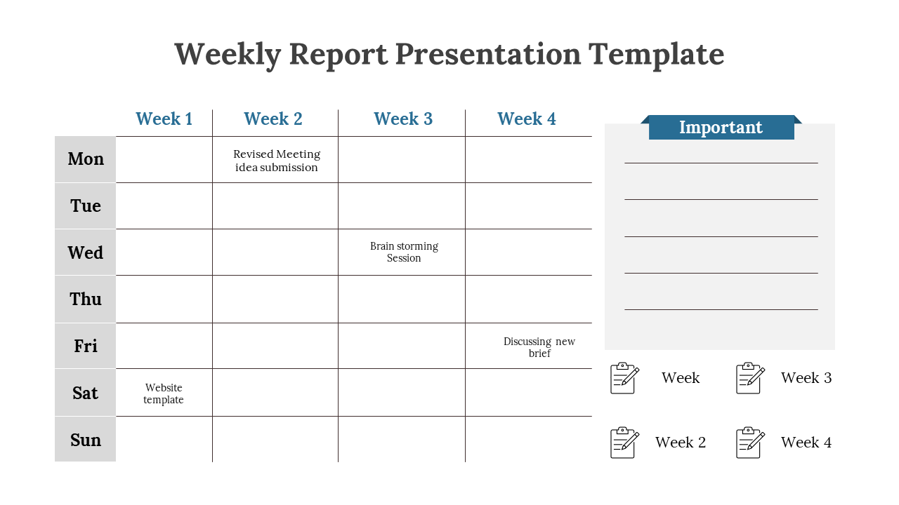 White background layout with a grid displaying weeks and weekdays, alongside a grey notes box with a blue important label.