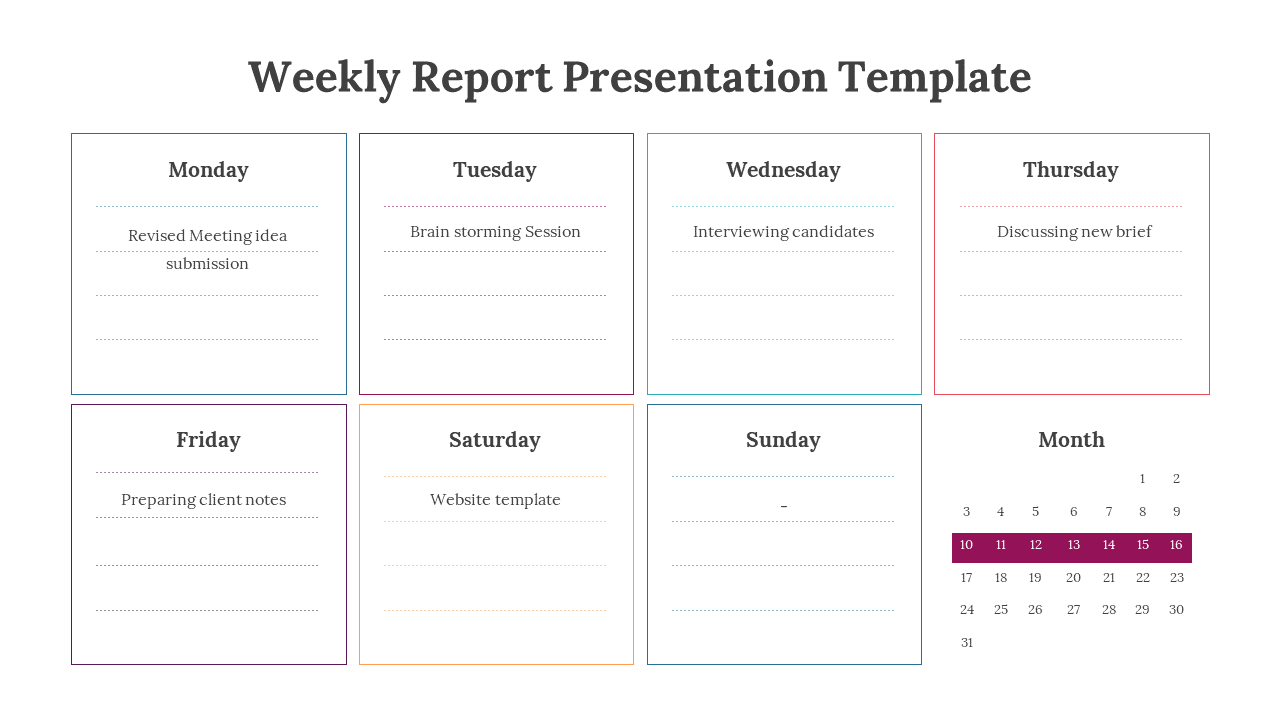 White background layout with seven colored bordered rectangles listing daily tasks and a mini calendar on the right.