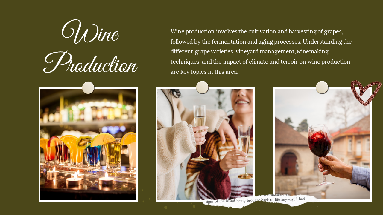 Olive green background with text, featuring three horizontally aligned white framed images of drinks and people with wine.