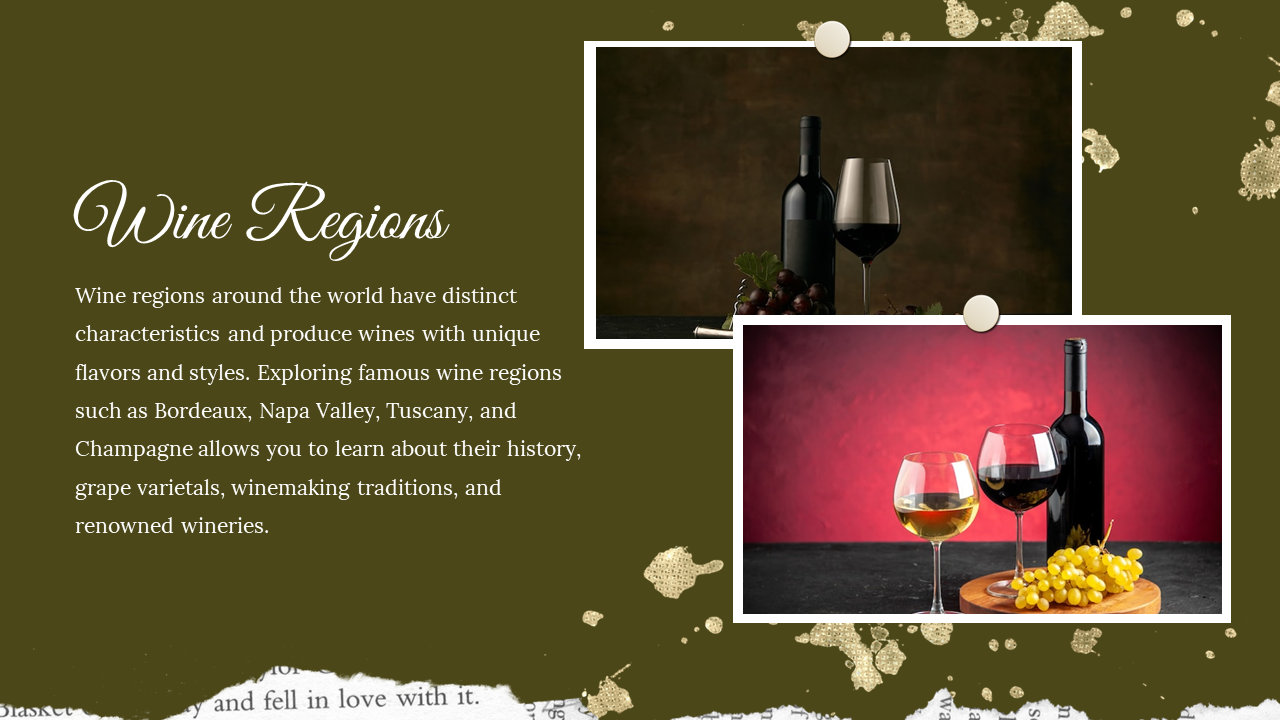 Olive green background with text, featuring two stacked framed wine bottle images with dark brown and red backdrops.