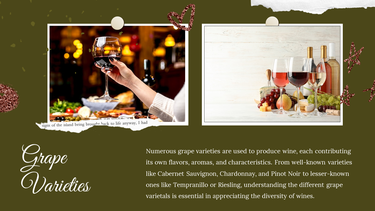 An olive backdrop with text and two framed photo of a hand holding a glass and wine glasses with fruits on the right.