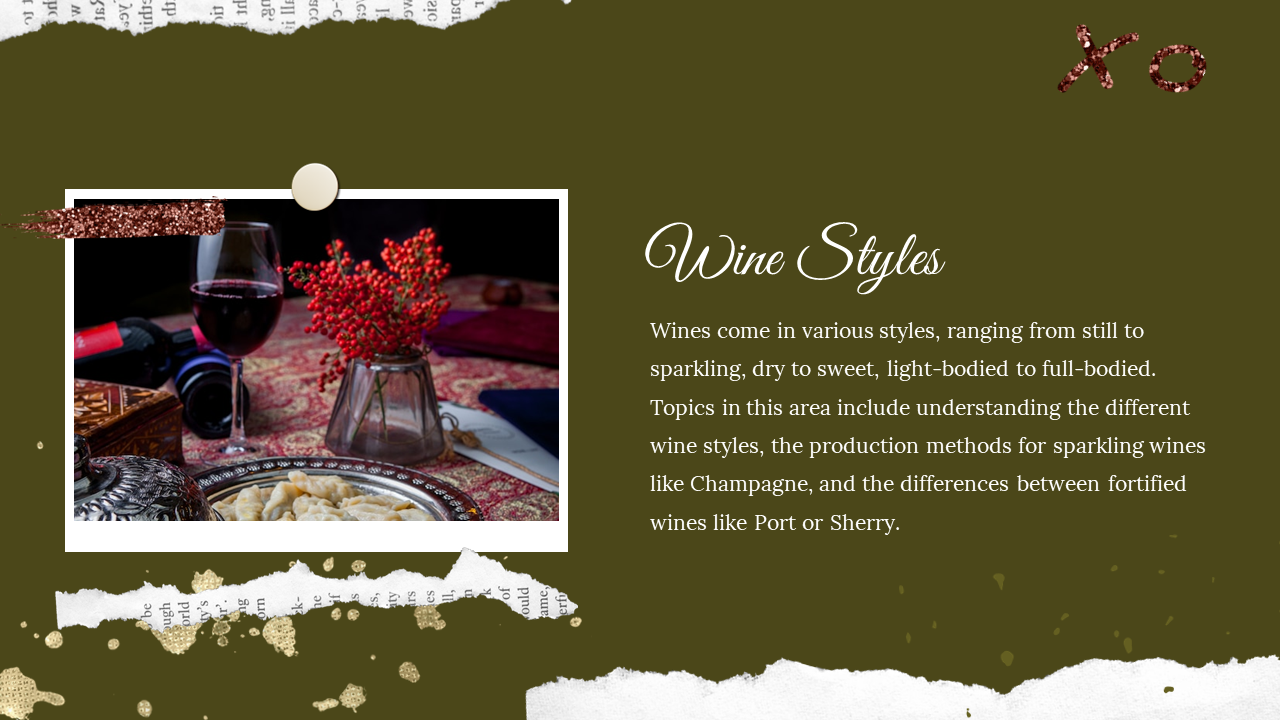 Glass of red wine, decorative vase, and food on a decorated table to the left, with text, on an olive green background.