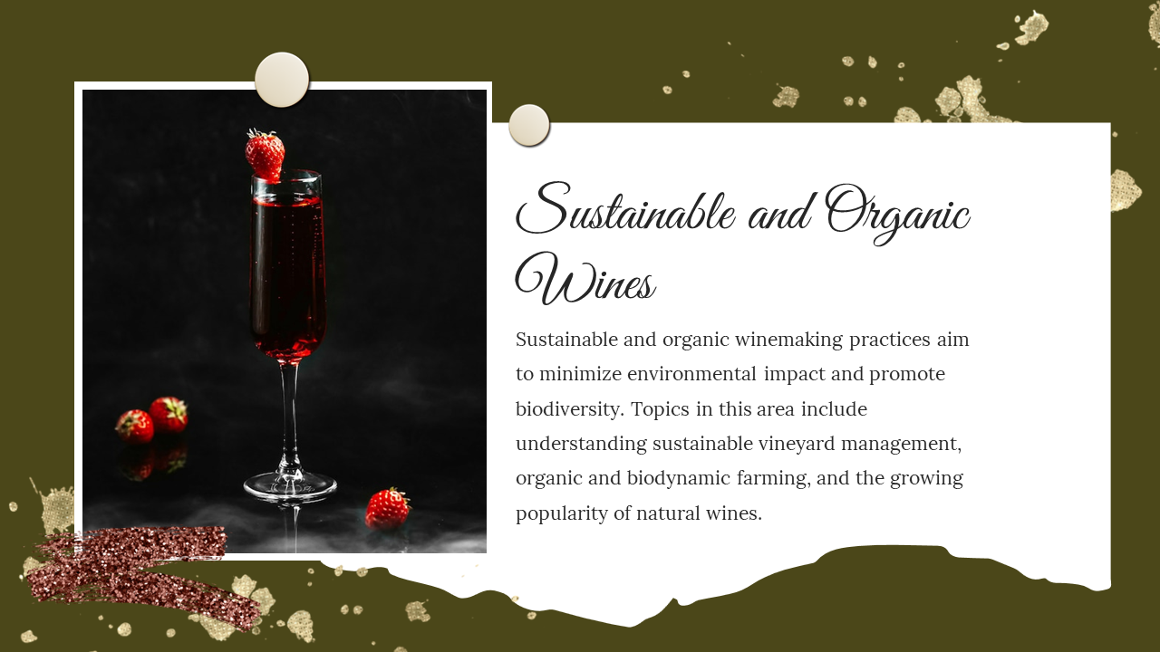 Dark olive layout with a framed image of a red wine in a champagne glass with strawberries paired with text on the right.