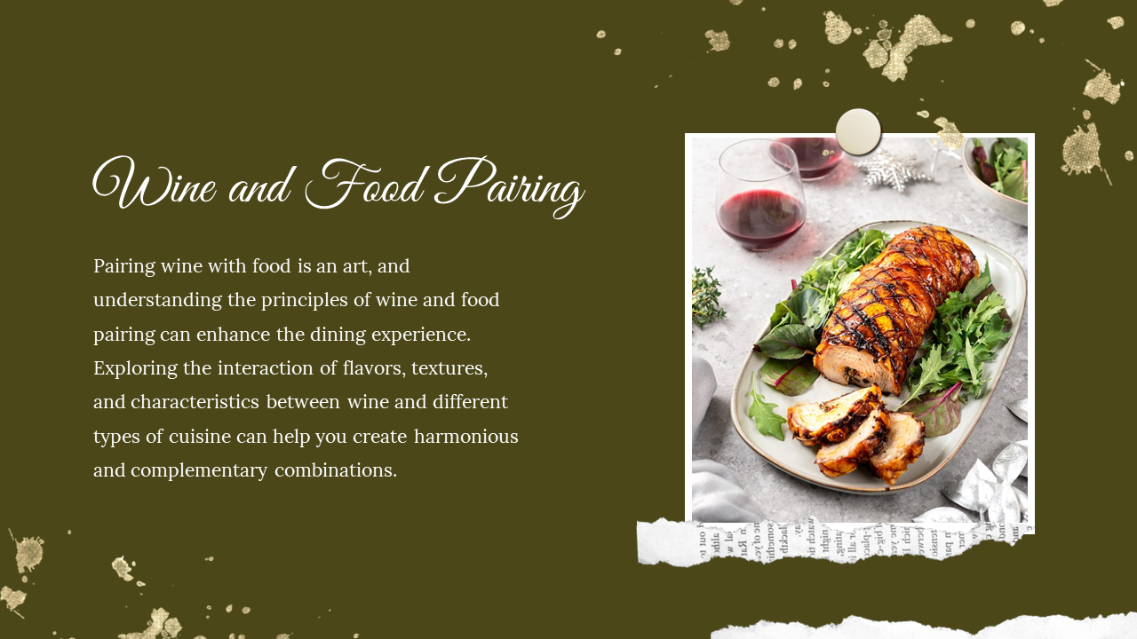 Dark olive layout with text on the left and a framed photo of grilled chicken, salad, and glasses of red wine on the right.