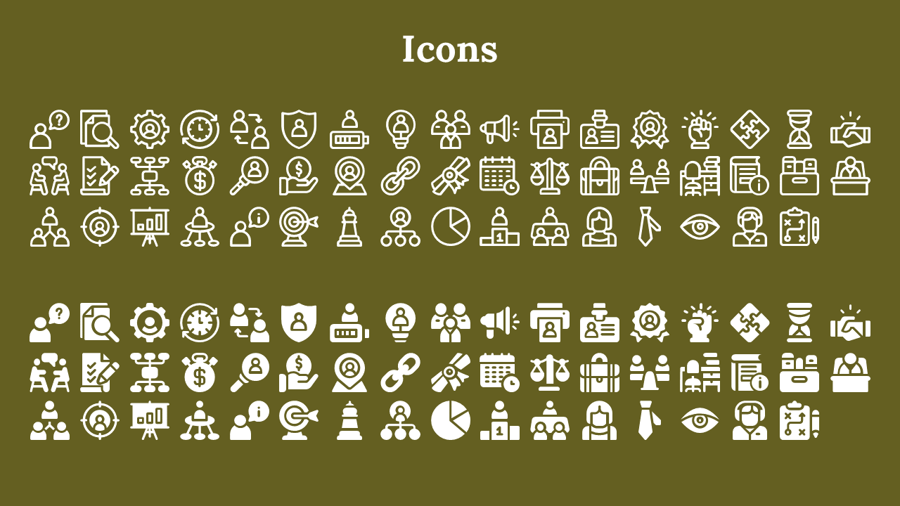 Slide featuring two sections of white outlined and solid filled icons, set against a dark olive green background.