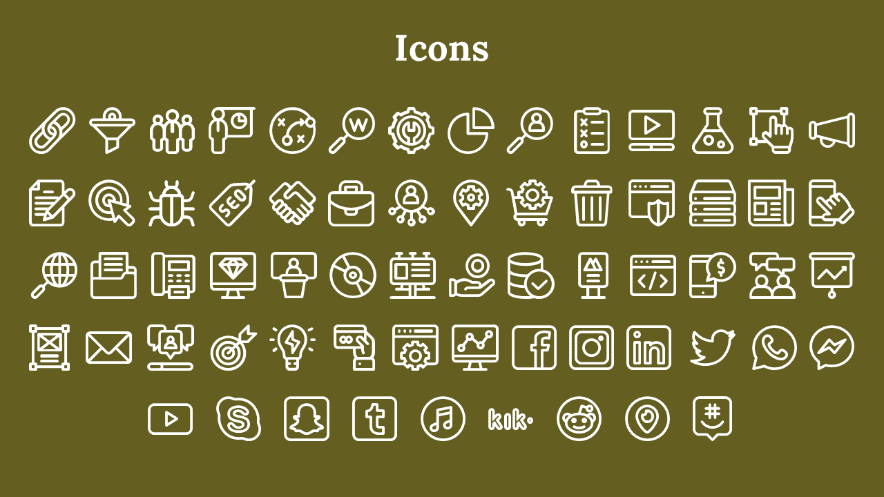 Slide displays white outlined icons of social media, tools, and people arranged horizontally on a dark olive green backdrop.