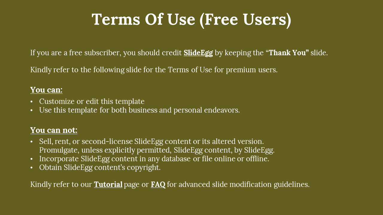 Slide displays a centered white heading with two bullet point sections stacked below, on a dark olive green background.
