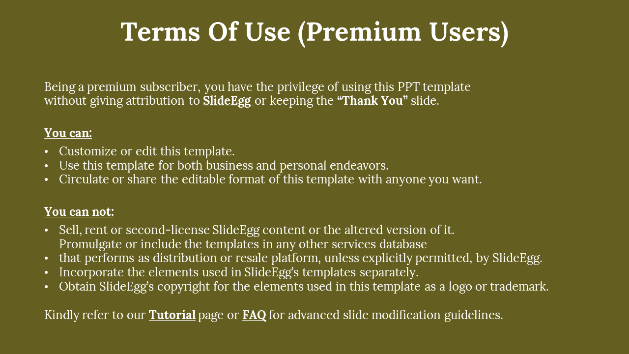 Slide featuring dark oilve green background with bold white heading text at the top and bullet points grouped below.