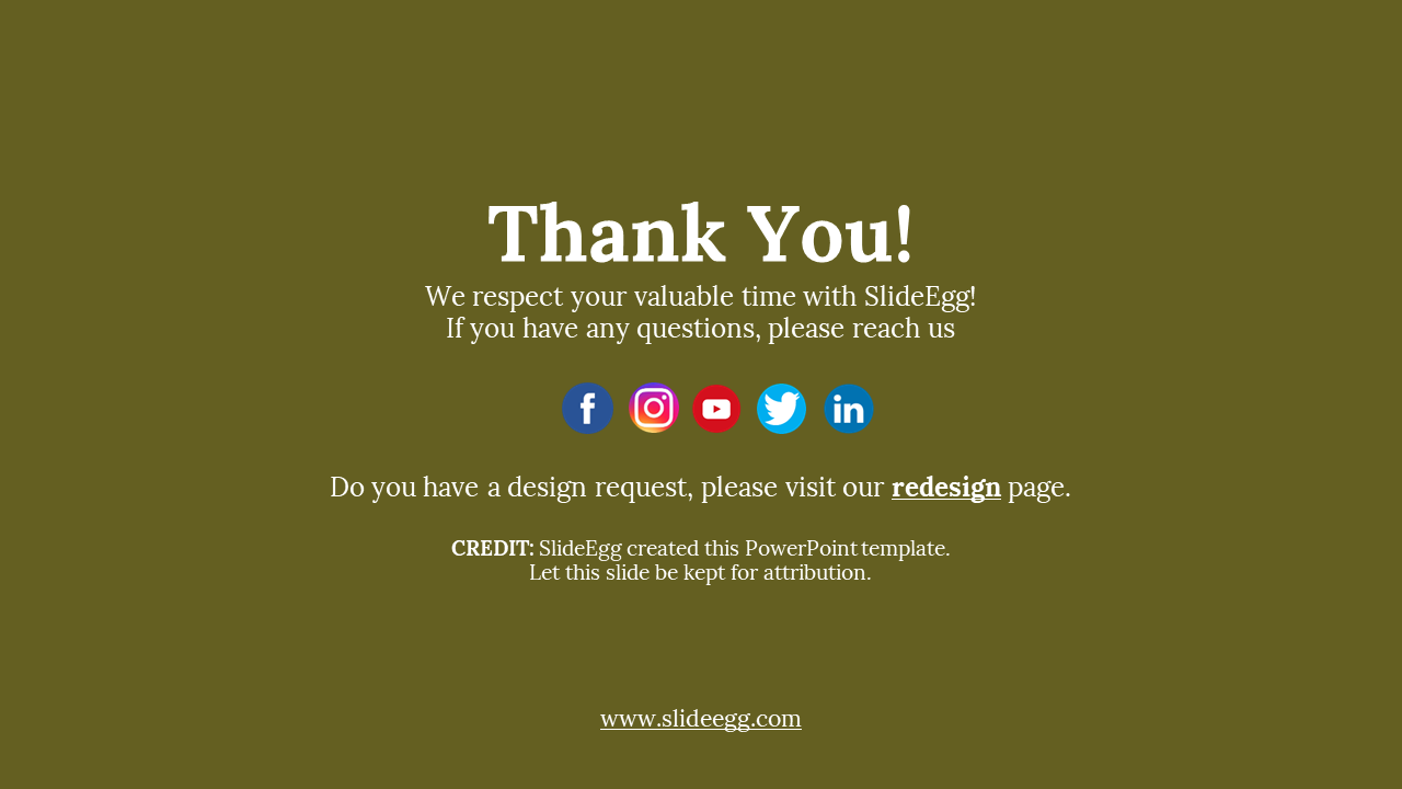 Slide featuring dark olive green background with white thank you text at the center and five circular social icons below.