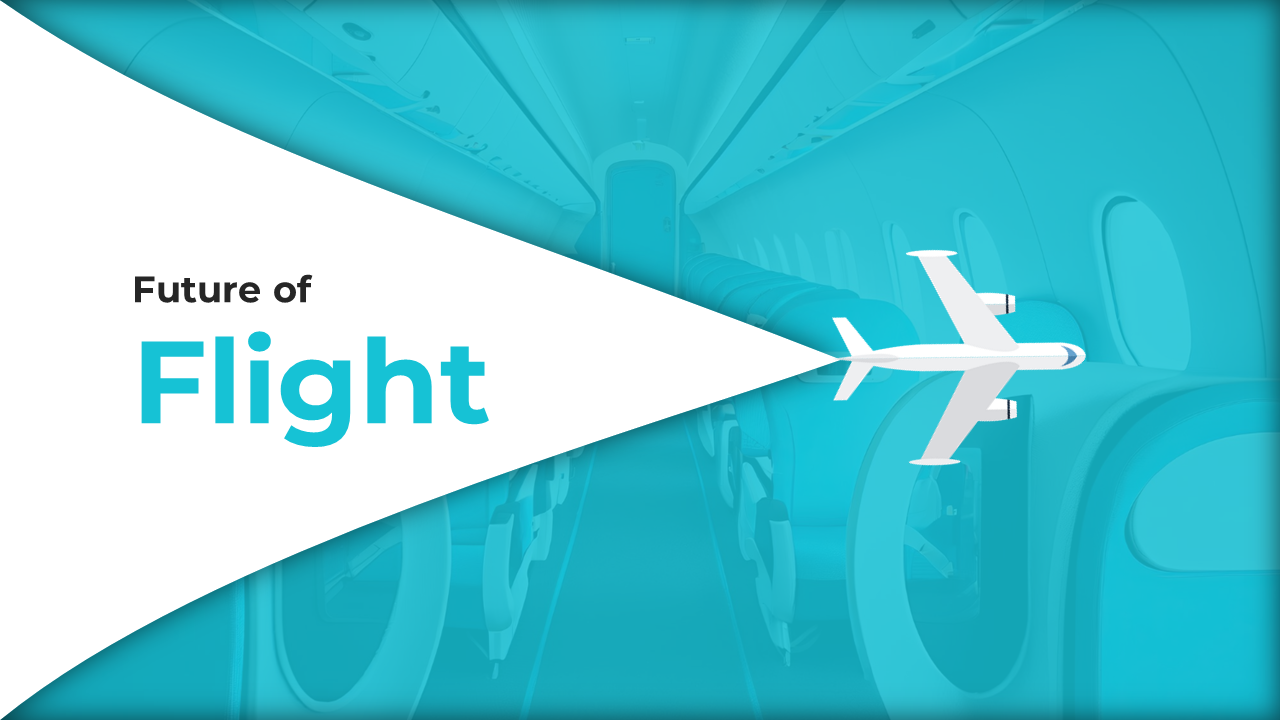 Airplane graphic crossing a sharp white arc, with teal colored airplane cabin seats in the background and title on left.