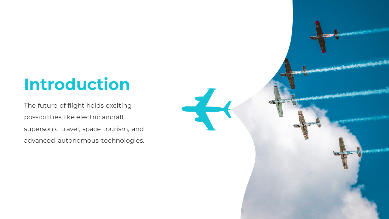 Slide shows five small airplanes flying with smoke trails, a teal plane icon, and introduction text on the left.