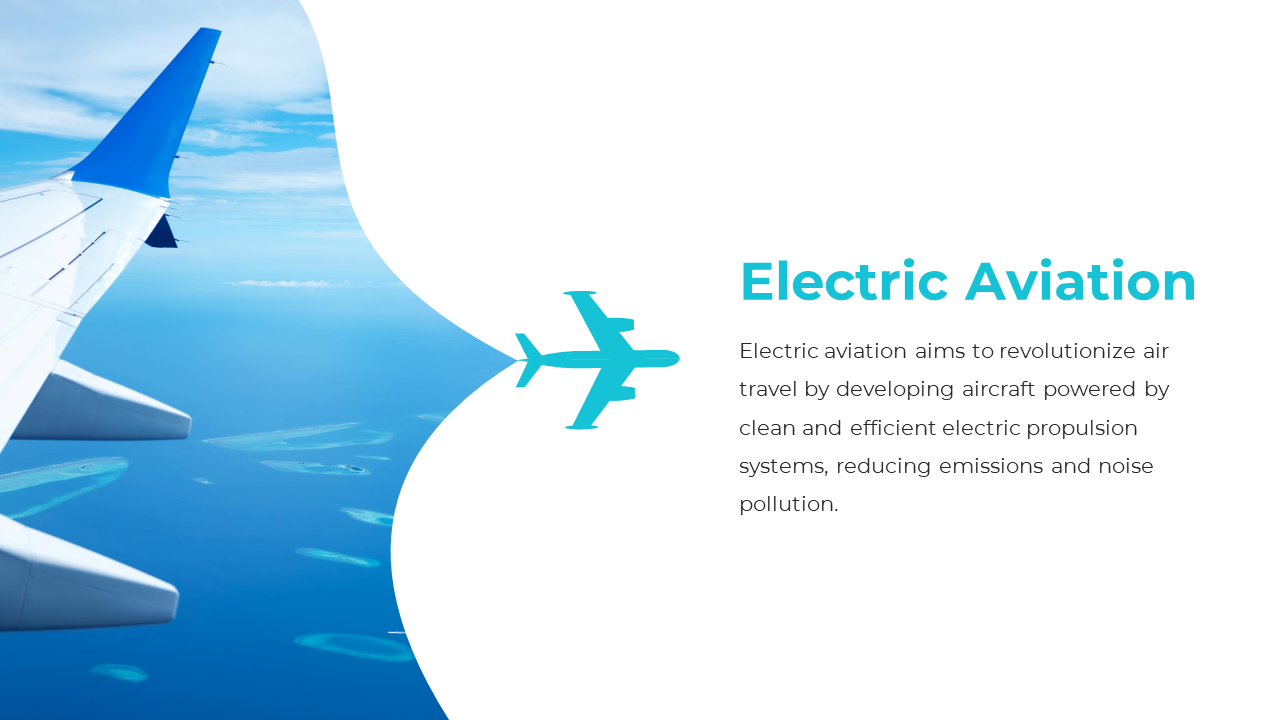 Slide shows an airplane wing over blue ocean water, a teal airplane icon, and text on the right white space.