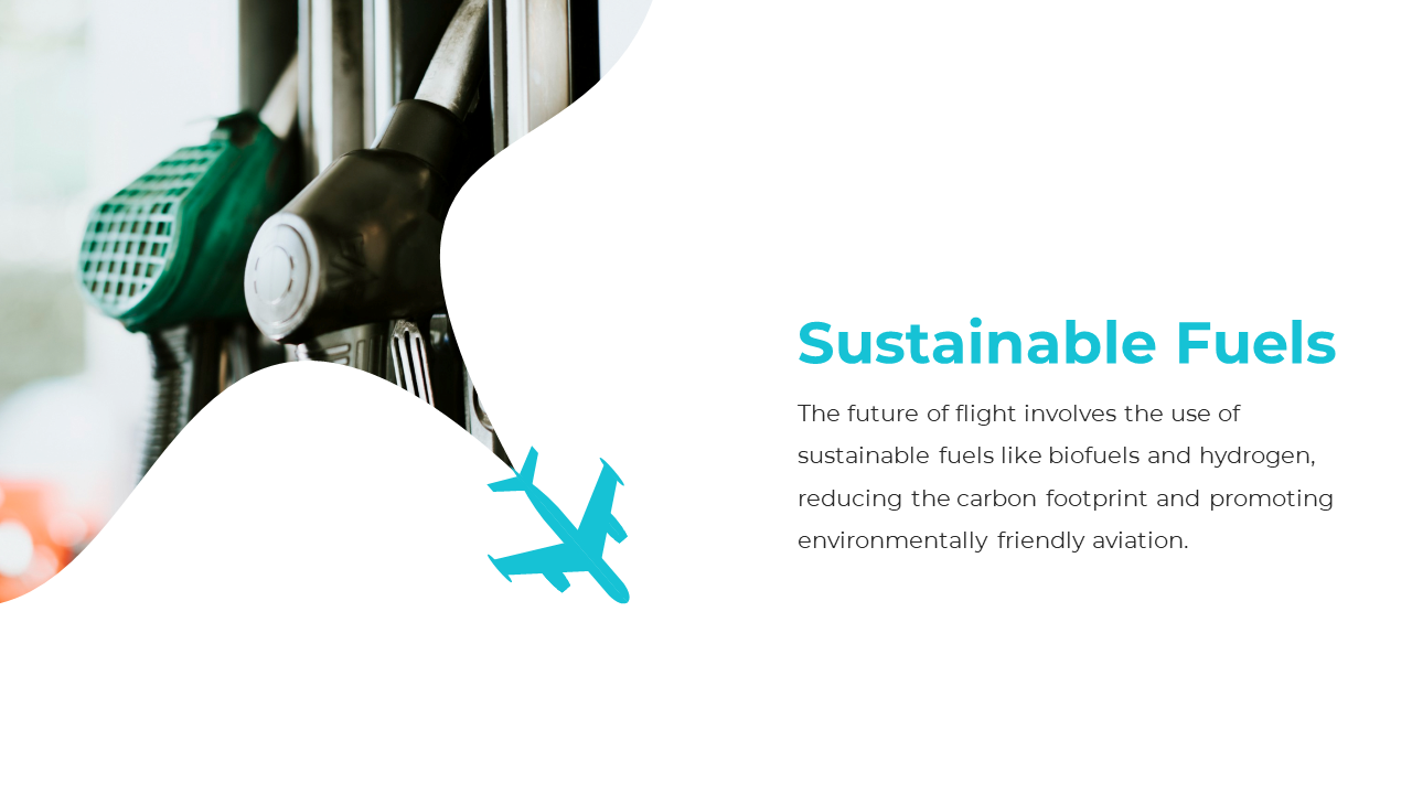 Slide showing fuel pump handles on the left, a blue airplane icon in the center, and text, set on a white background.