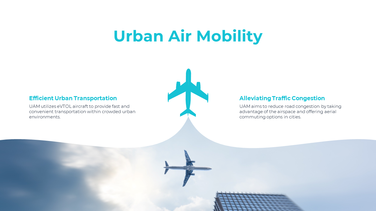 Slide with teal airplane icon, text on both sides, and a plane flying above a city skyline under a cloudy sky below.