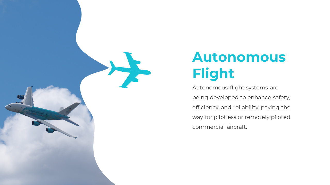 White slide with teal airplane icon, text, and an image of a plane flying against a blue sky on left.