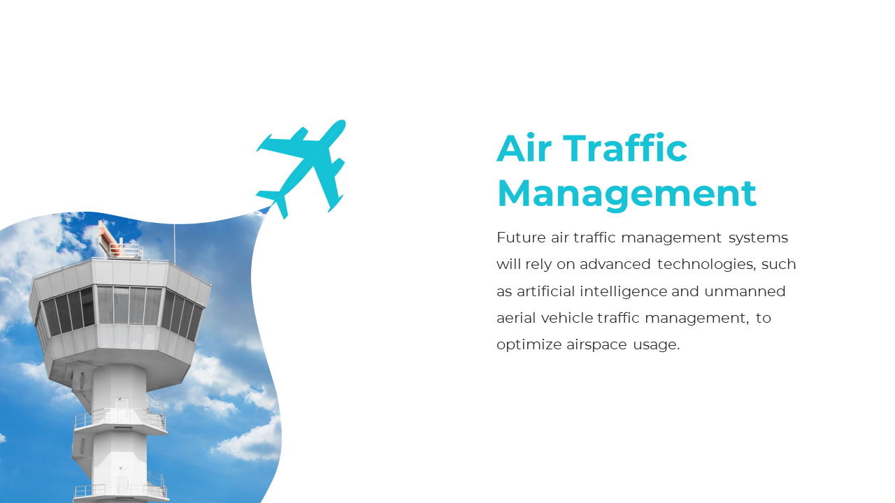 White background with text on right, teal airplane icon above, and a tall control tower against a cloudy sky on left.