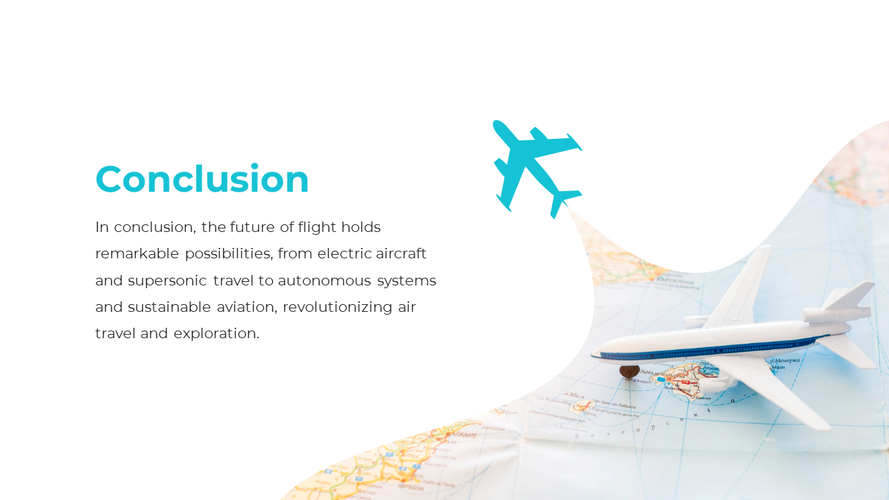 White background with teal heading and an airplane icon above, and a model plane placed over a world map on the right.