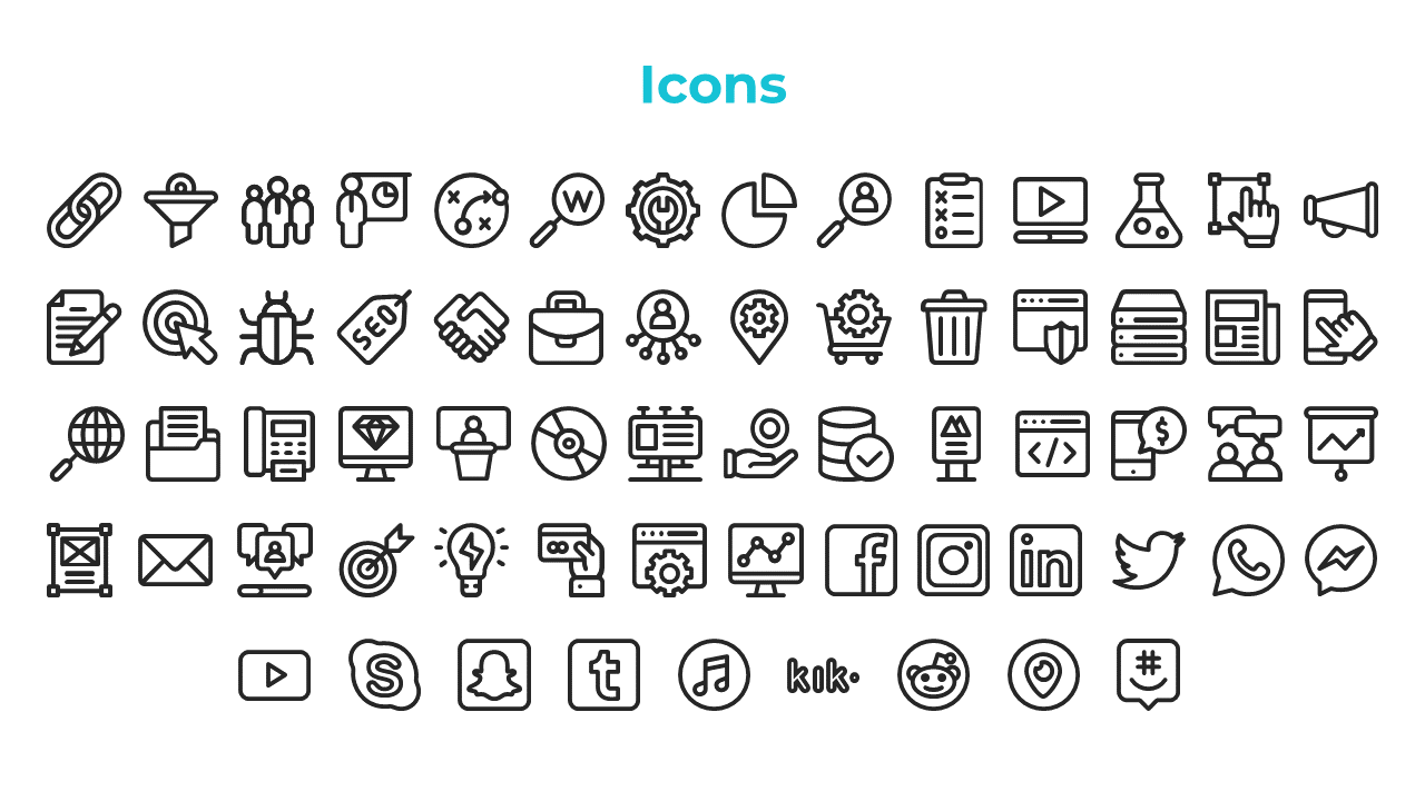 Slide featuring black outlined icons of various objects, people, and symbols organized in five rows, under bold teal title.