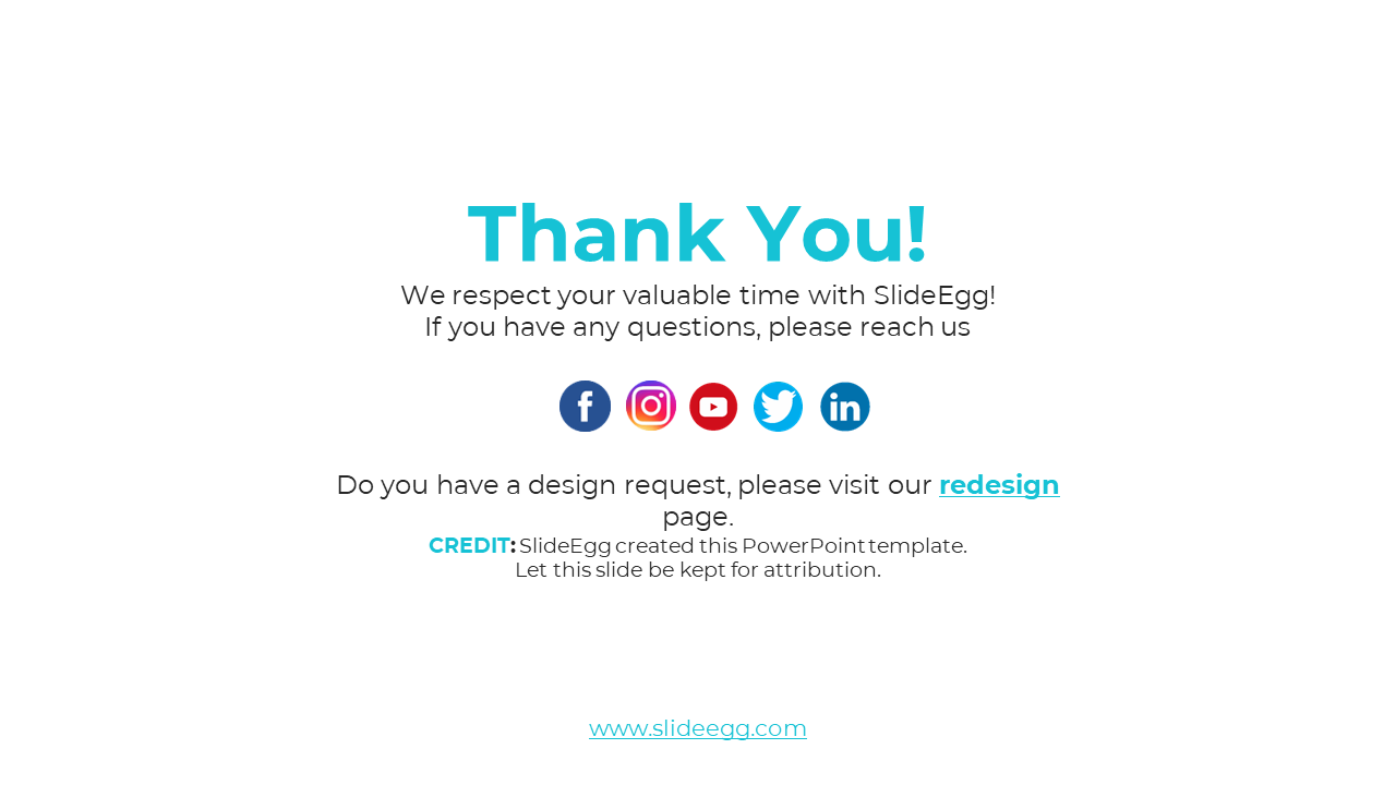 Slide displays teal text in the center with a horizontal row of blue, red, and multicolored social media circles below.