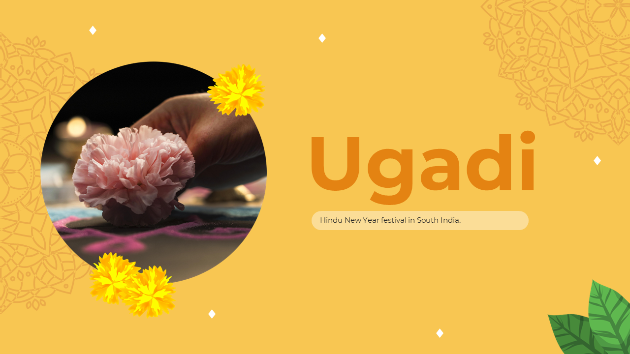 Slide with a hand placing a pink carnation on colorful rangoli patterns, set against a yellow background with floral designs.