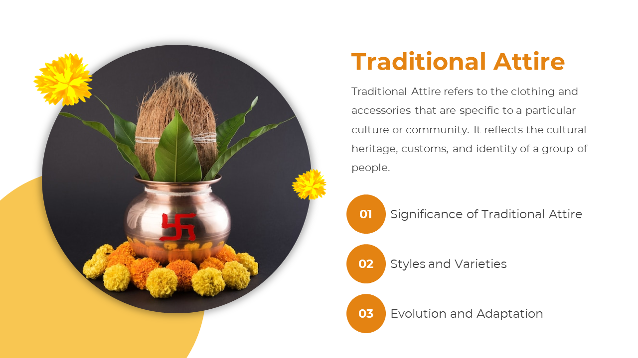 Ugadi slide with a copper Kalash filled with coconut and leaves, accented by marigold flowers and three numbered text.