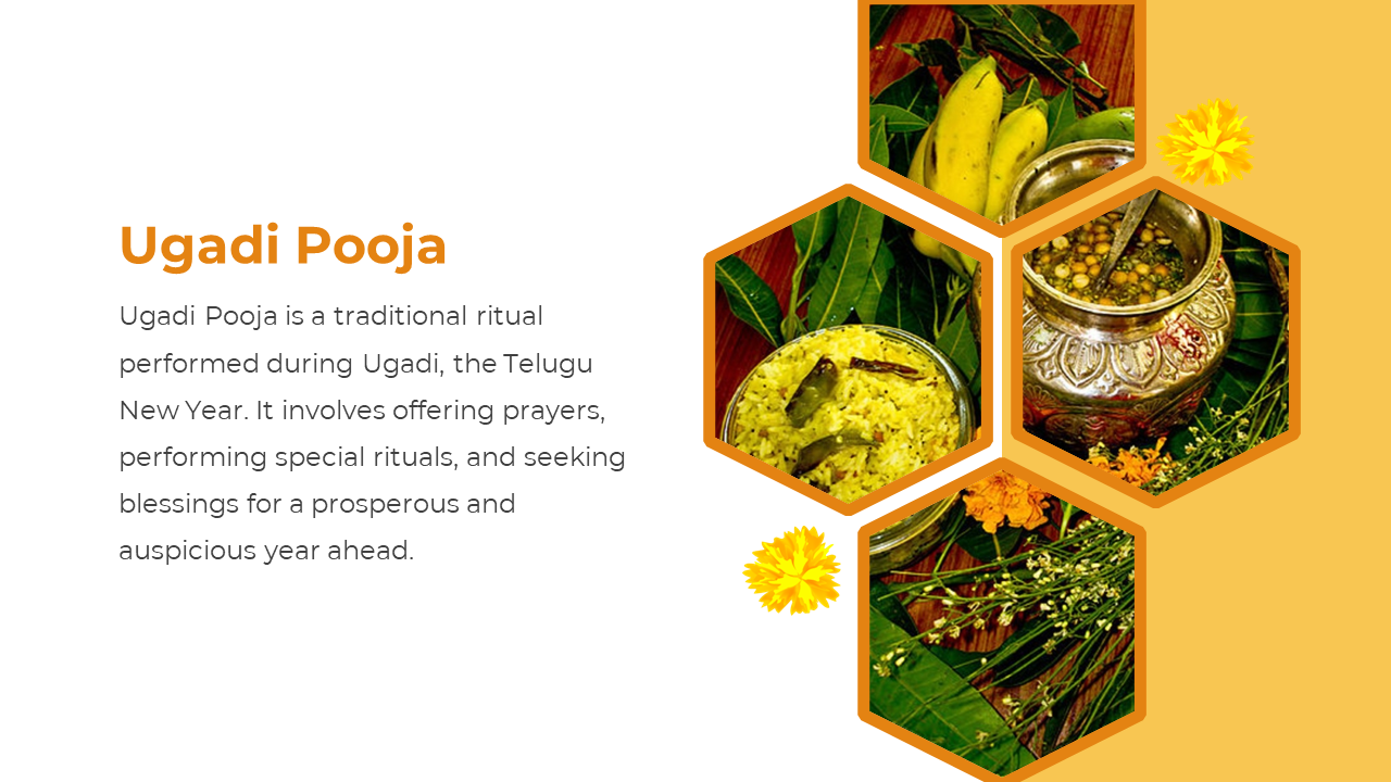 Ugadi offerings of mango leaves, fruits, dishes, and a silver pooja vessel in four hexagons, on a white and yellow layout.