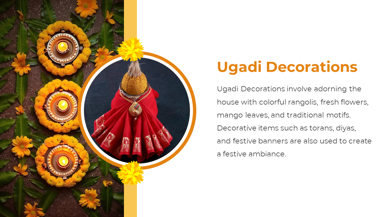 Ugadi themed slide featuring three decorated diyas in marigold wreaths with mango leaves and a red cloth wrapped Kalash pot.
