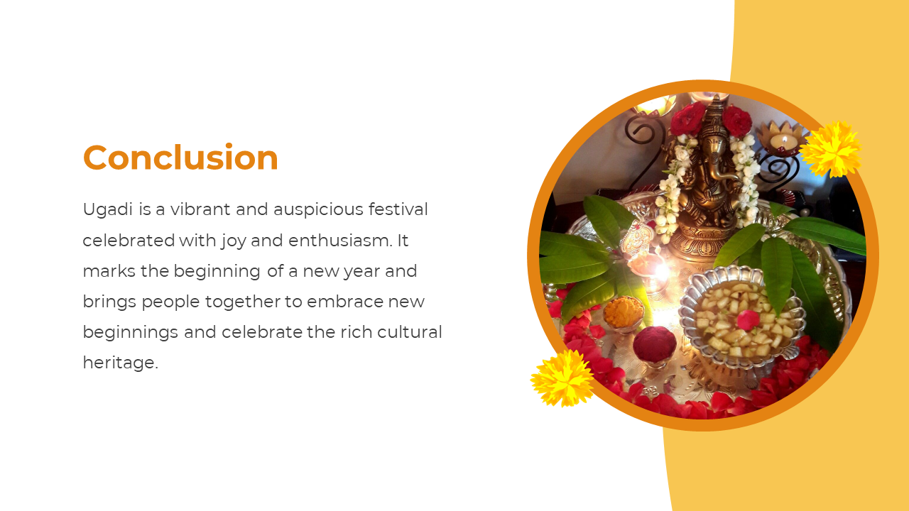 Ugadi arrangement with a Ganesha idol, flowers, leaves, and offerings on a silver plate, in a circular orange frame.