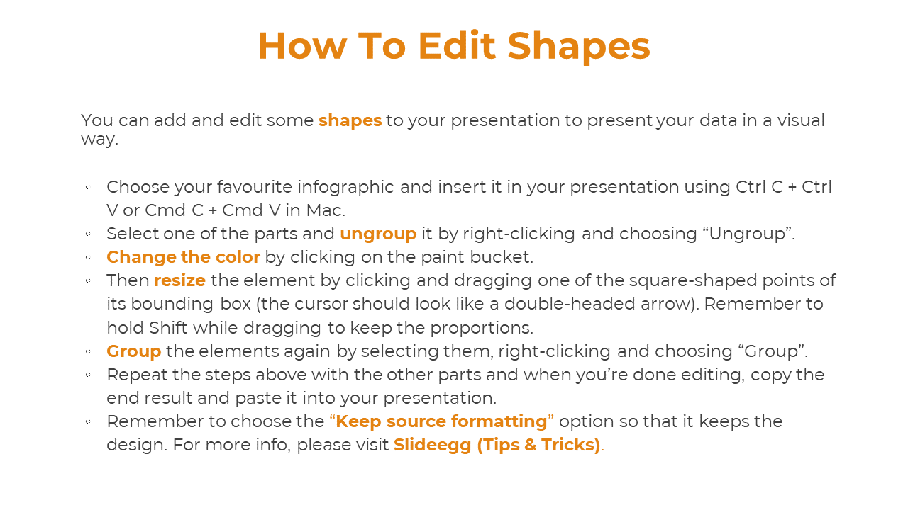 Slide featuring a centered orange title at the top with several bullet points listed vertically below on a white background.