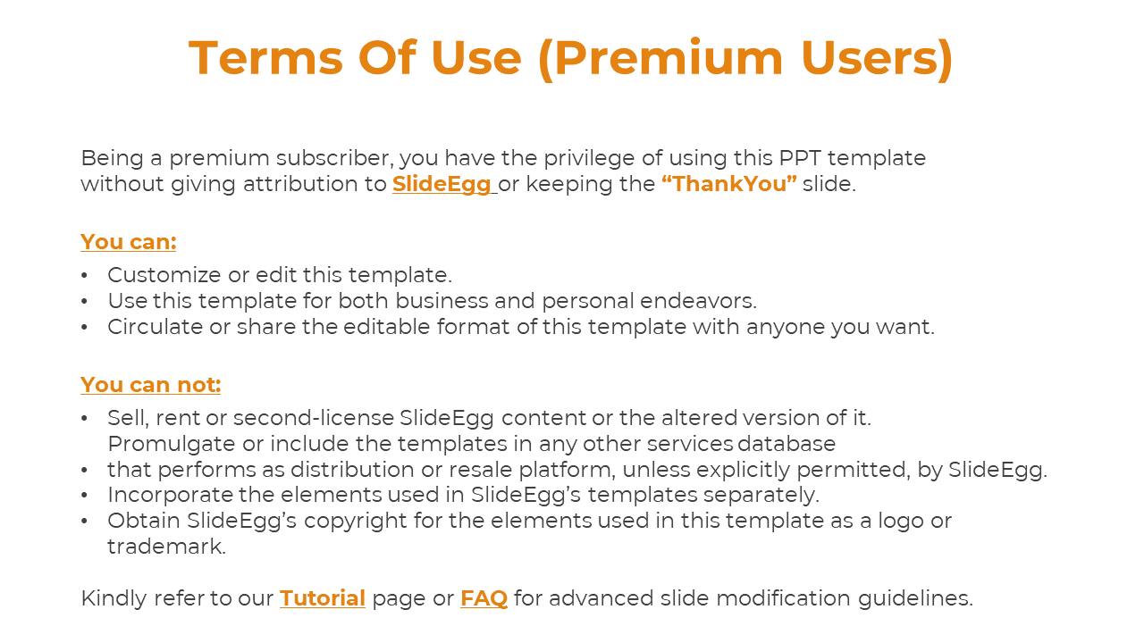 Slide featuring white background with bold orange heading text at the top and bullet points grouped below.