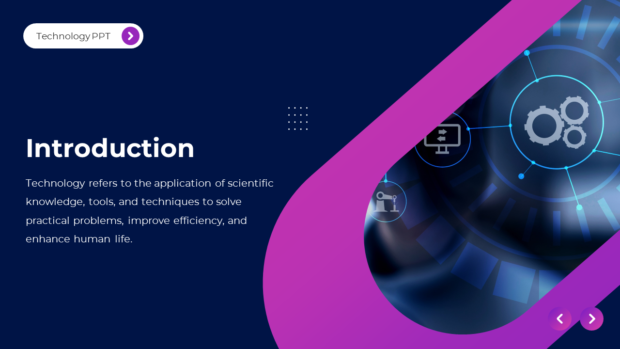 Introduction slide showing the application of technology with gears, computers, and robotic visuals in a modern theme.