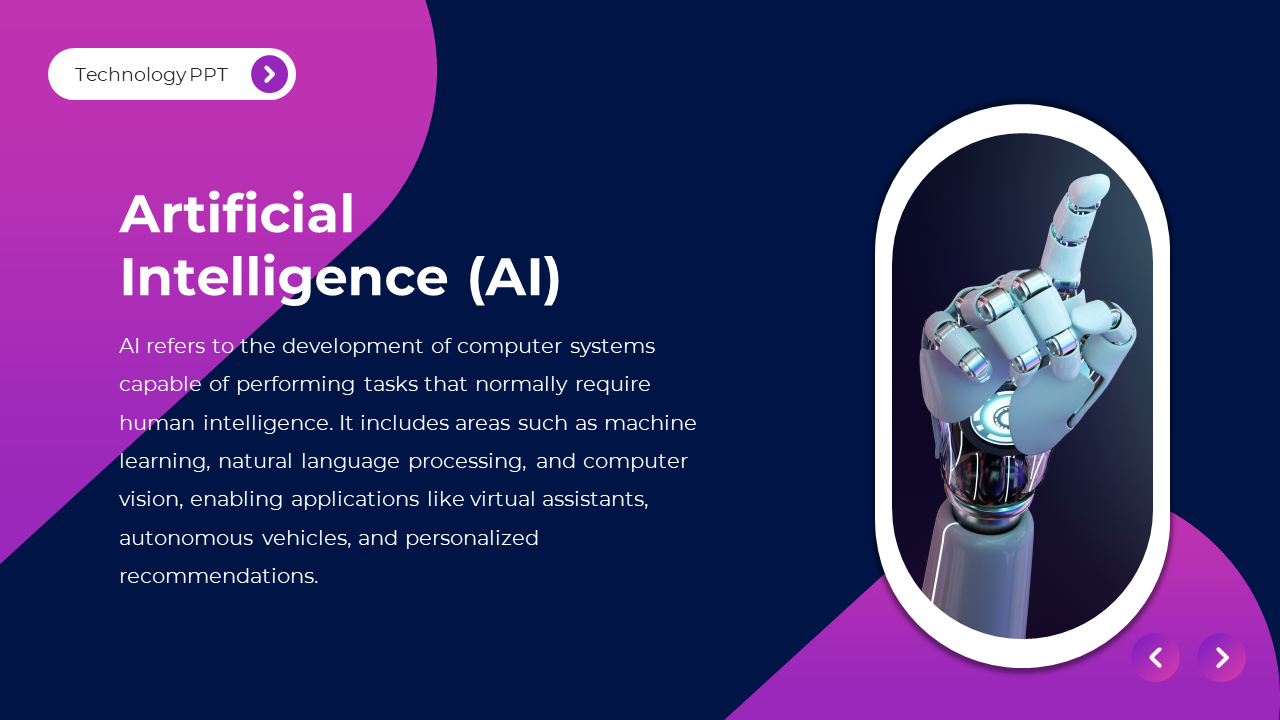 Artificial Intelligence slide showing a pointing robotic hand with an overview of AI in machine learning and computer vision.