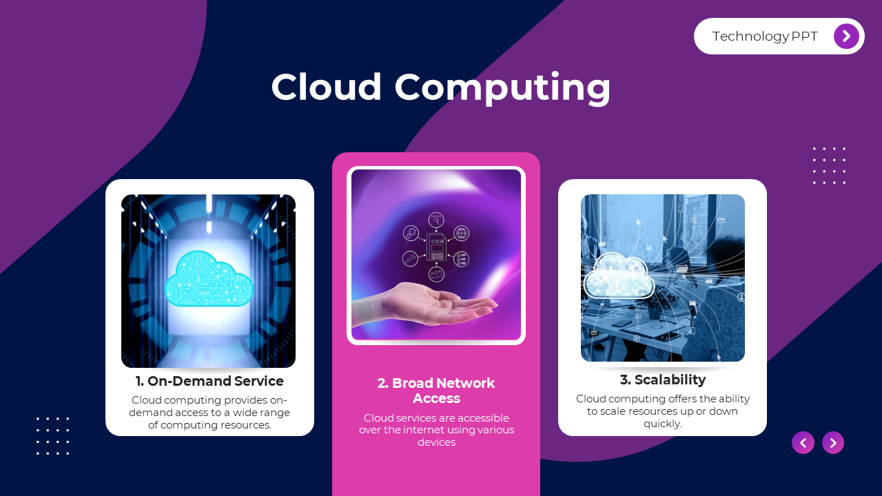 Cloud Computing slide with three key points accompanied by relevant icons on a purple backdrop with three colored boxes.