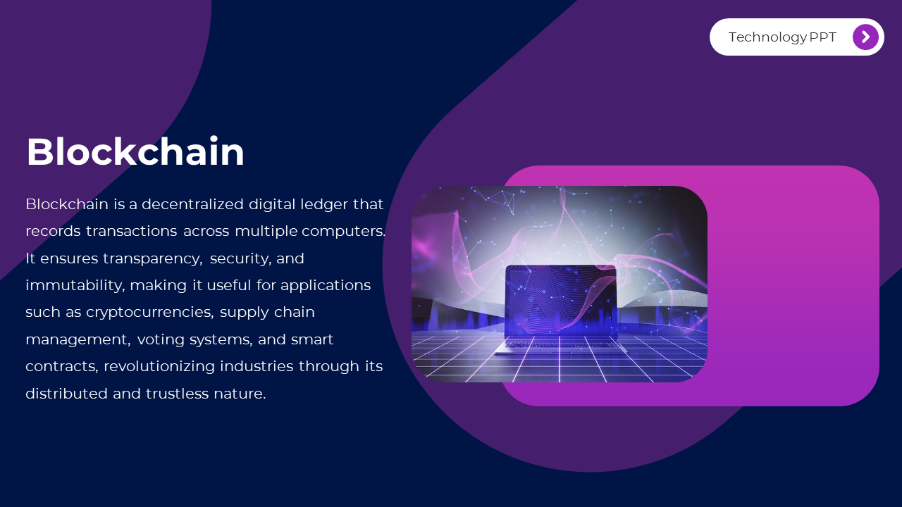 Blockchain PPT slide with an illustration showing how decentralized ledgers ensure transparency, security, and immutability.