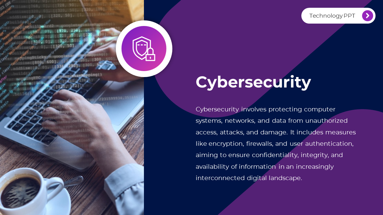 Slide on cybersecurity featuring a person typing on a laptop with code, emphasizing data protection and network security.