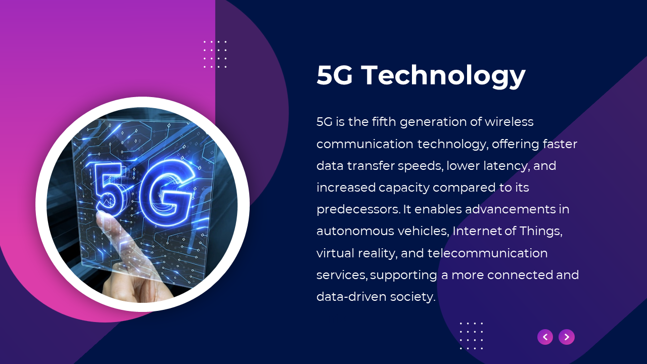 Slide on 5G technology featuring a hand interacting with a glowing 5G hologram, highlighting faster speeds and lower latency.