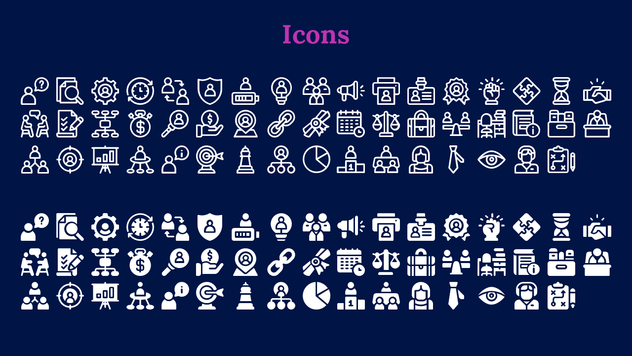 A collection of various white icons on a dark background, featuring symbols related to business, technology and productivity.