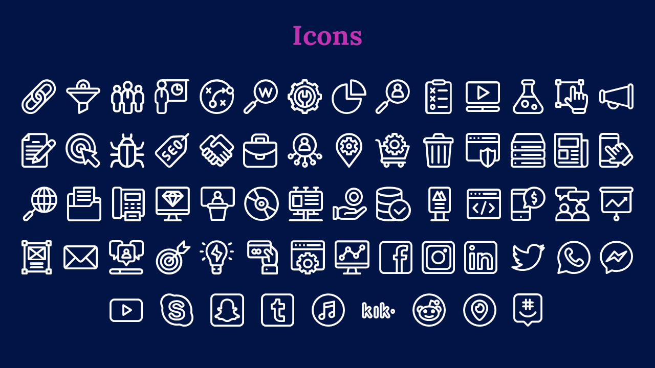 A grid of icons depicting a wide range of concepts, from technology tools to social media platforms and data management.