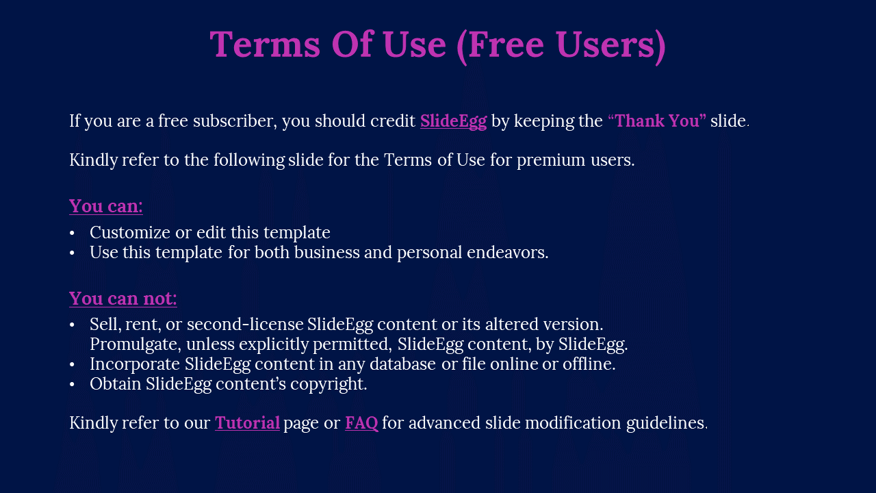 A PPT slide presenting the terms of use for free users of SlideEgg, detailing what they can and cannot do with the templates.