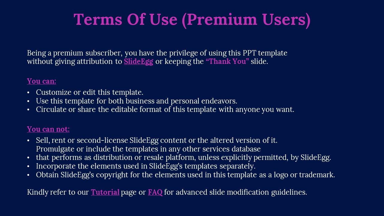 Terms of Use Premium Users outlining the rights and restrictions for premium subscribers of SlideEgg on a dark blue theme.