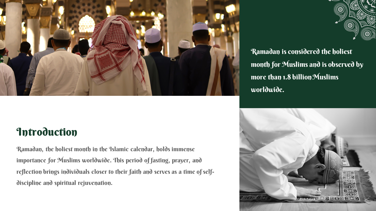 Men in white clothing and kufis are seen in a mosque, with a green text box, and a grayscale image of prayer at the bottom.