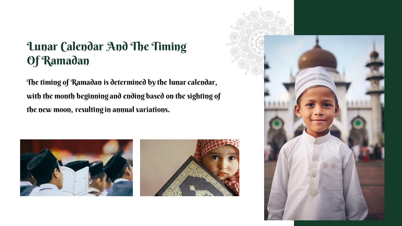 A young boy in white stands in front of a mosque, paired with smaller images of Quran recitation and a child in a red scarf.