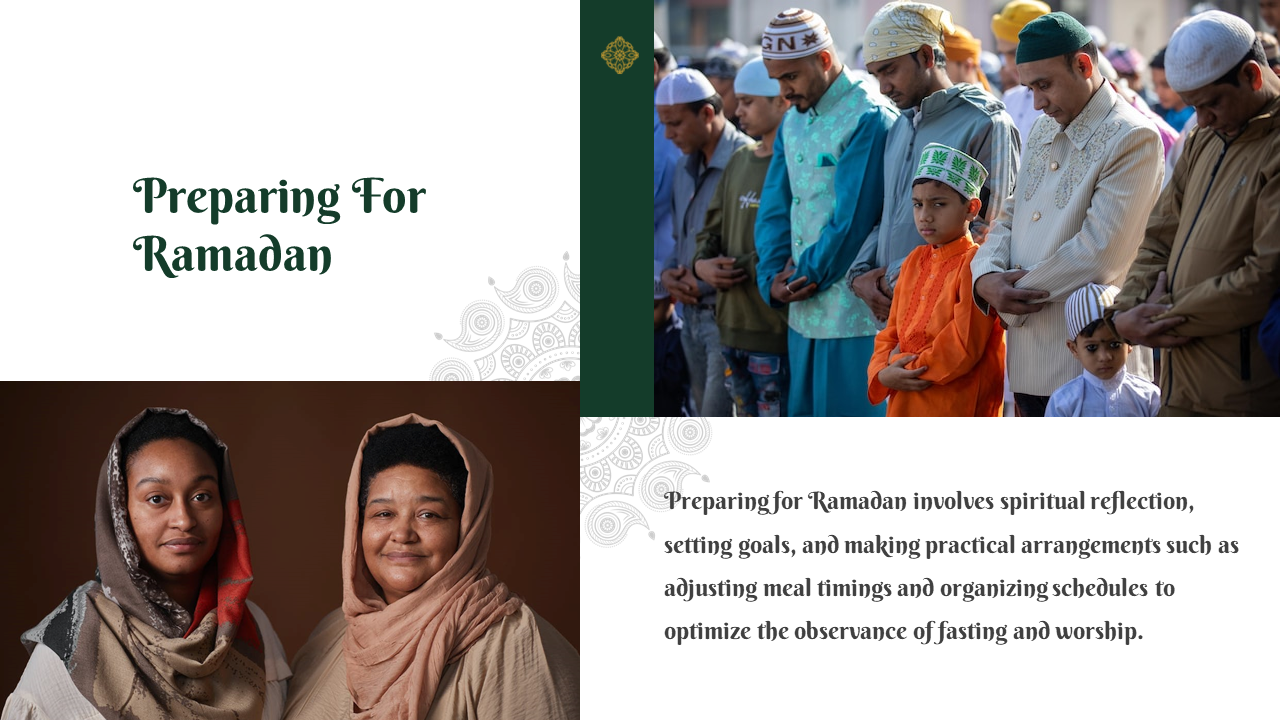 Split layout with two women in patterned hijabs and a group of men and boys in colorful outfits praying in outdoors.